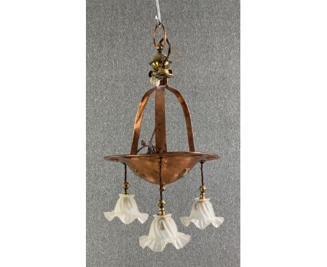 An Arts and Crafts hammered copper ceiling light with inset polished stones in the manner of Philip Webb. H.61cm