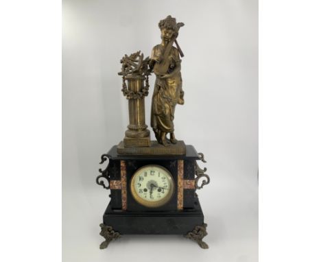 A 19th century slate and marble mantel clock with classical style gilt metal figural mount. H.62cm