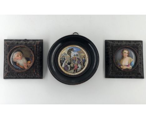 A pair of 19th century portrait miniature paintings on ceramic along with a framed 19th century pot lid. Dia.14cm (largest).