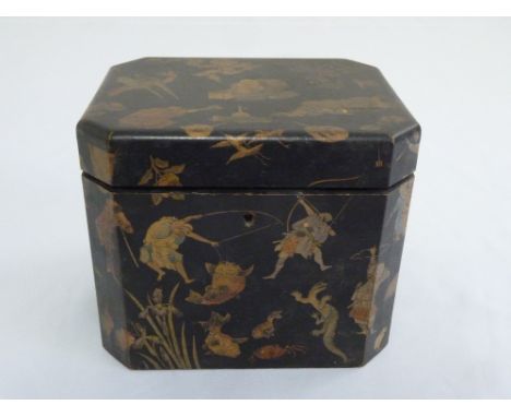 Chinese lacquered tea caddy of rectangular form with hinged cover