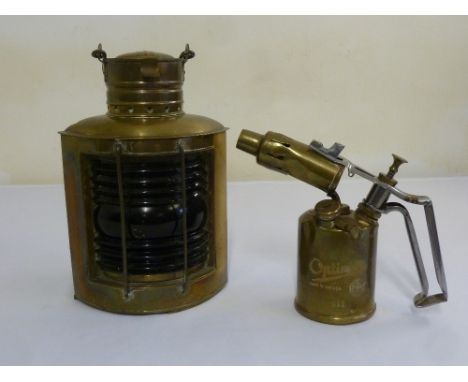 A brass and glazed ships lamp and an Optimus brass blow torch