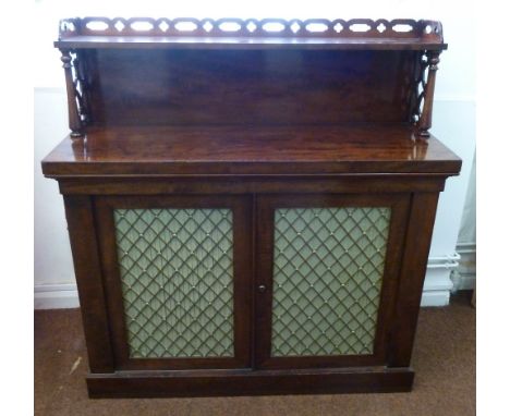 Georgian mahogany credenza with hinged double doors and gallery shelf