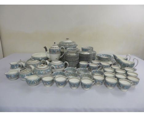 Wedgwood Turquoise Florentine dinner and tea service to include plates, bowls, meat plates, serving dishes, sauce boats, teap