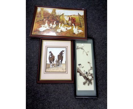 A Karen Draper signed limited edition print, Clydesdale Horses, number 121 of 500. Together with a frame Japanese montage dep