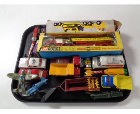 A tray of 20th century die cast vehicles to include boxed Corgi Aerial Rescue Truck, boxed Tonka Low boy and Dozer, plastic d