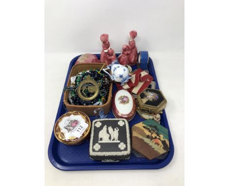 A tray containing lidded trinket pots, costume jewellery, picture frames etc. 