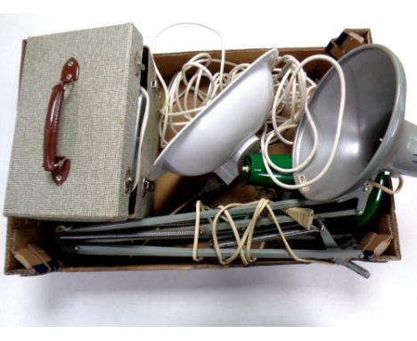 A box of photographic equipment, angle poised lamps, wall light (continental wiring) 