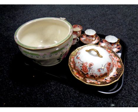 A tray of antique ceramics to include pair of Royal Crown Derby teacups with saucers, muffin dish, part Foley tea service, to