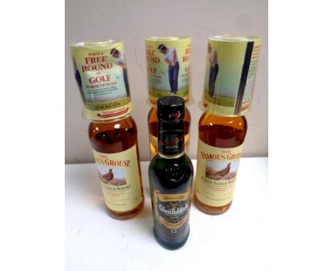 Three bottles of The Famous Grouse Blended Scotch Whisky, 70 cl, sealed and a bottle of Glenfiddich Single Malt 12 Year Scotc