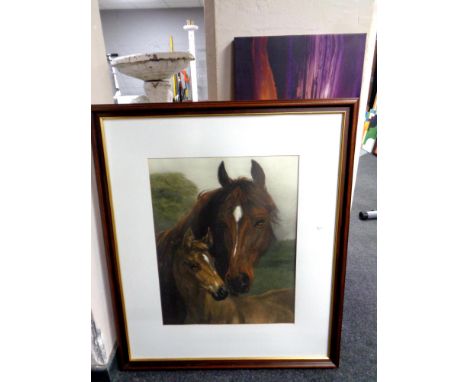 A print, mare with foal, framed, together with a wall canvas 