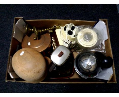 A box of kitchen electricals, copper lidded pan, candlesticks, milliner's wooden hat stand 