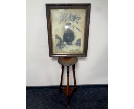 An Edwardian plant stand on tripod legs and an antiquarian print "United to Conquer"