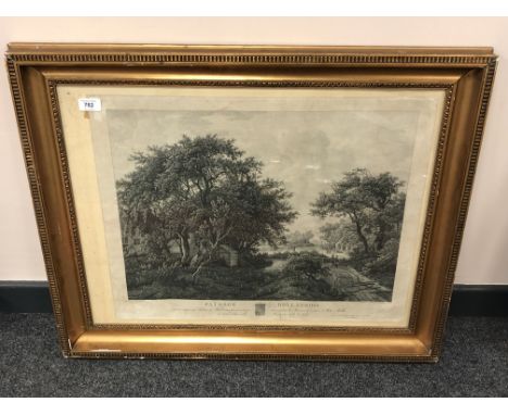 A 19th century continental monochrome print depicting figures in woodland, 60 x 47 cm 