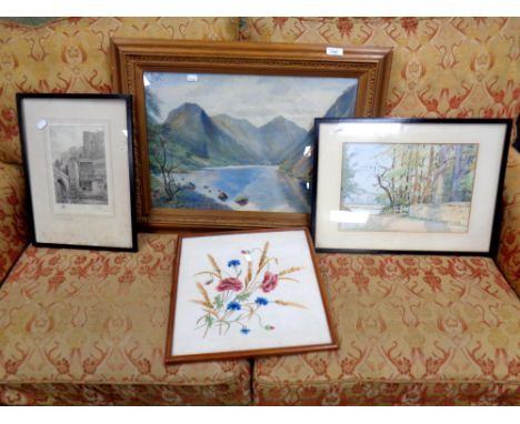 A watercolour study, river through mountains, one further watercolour, framed needlework panel and a signed etching of Durham