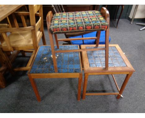 A pair of mid century tiled topped lamp tables and dressing table stool 