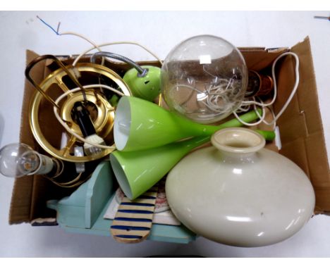 A box of 20th century brass hanging electric lamp with glass shade, glass table lamps, large retro style light bulb etc 