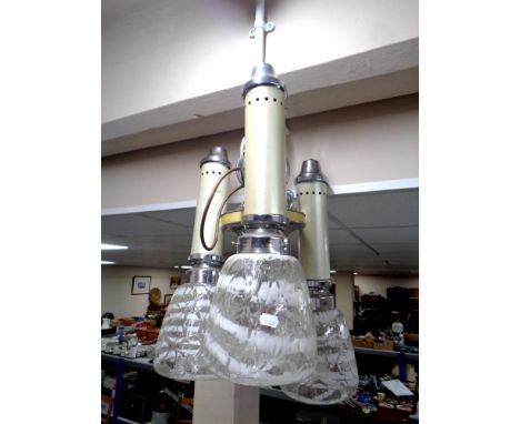 An Art Deco three-way chromed light fitting with glass shades 