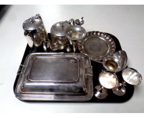 A tray of antique plated wares : ladle, entree dish with cover, tea ware, etc 