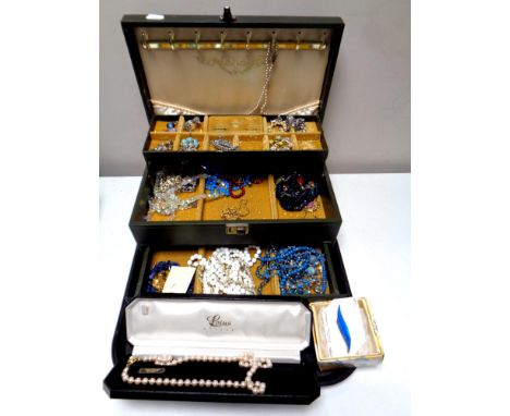 A tray of Norwegian silver and enamel leaf brooch, costume jewellery, faux leather jewellery box of beaded necklaces, brooche