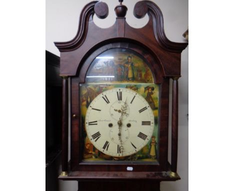 A George III mahogany longcase clock with painted dial signed Alex Grant of Sterling, with weights 