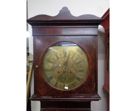 A 19th century inlaid mahogany longcase clock with brass dial, weights, no pendulum  