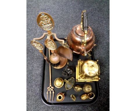 A tray of antique and later metal wares to include a brass and copper embossed spirit kettle on stand with burner, a nautical