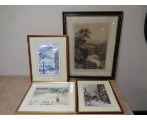 A signed Roy Francis Kirton print : Tyne Bridge, three other antique and later framed pictures 