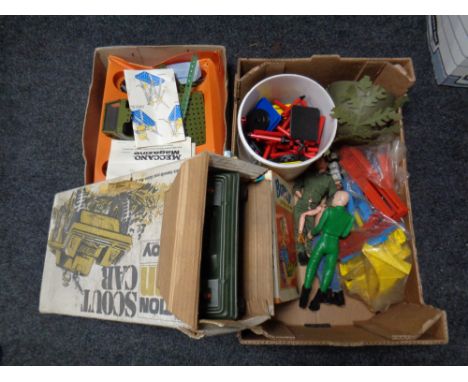 A box of toys, annuals, Action Man, boxed Action Man scout car, part boxed Meccano set 