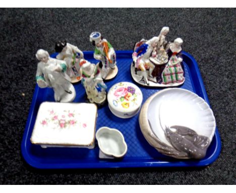 A tray of antique continental figurines, Royal Copenhagen lobster dish, three further china trinket dishes, one lacking lid. 