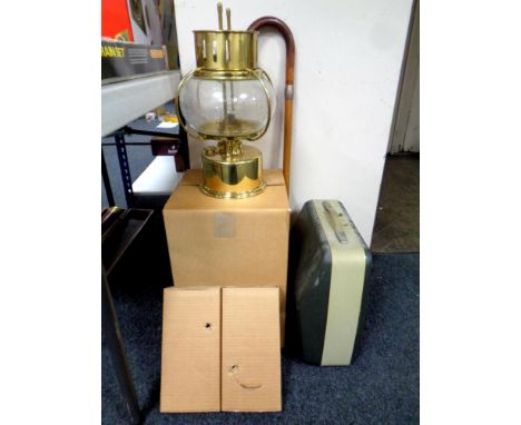 A walking cane with pewter mounts, cased typewriter and a brass ship's style lantern 