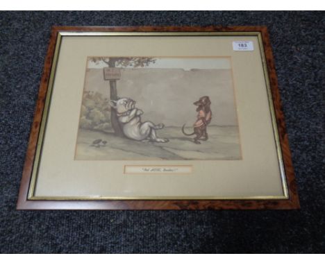 A satyrical dog print - Not Here Buster!, 26 cm x 19 cm, framed.