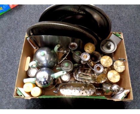 A box of 20th century plated wares : serving trays, goblets, etc and a for piece ceramic plated tea service 
