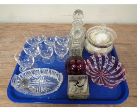 A tray of antique and later glass ware : 19th century hand blown ruby tinted glass bowl, paperweight, cut glass cruet bottles