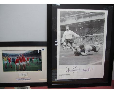 Alan Ball Autograph, black pen signed on a mount inset of a World Cup celebration print by 'Champions', Jimmy Greaves signatu