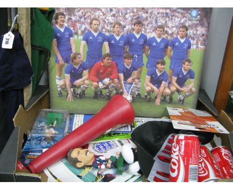 Corinthian Large 'David Seaman', other figures, The Sun Horn, Coke football cans, autographs, Everton team print on canvas et