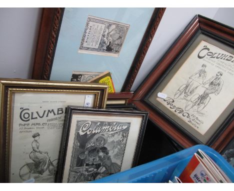 Nine Cycling Advertisement Magazine Prints, in six frames. F.A. Cup 1902 print from 'The Sphere', story of The Cup 1969 etc.