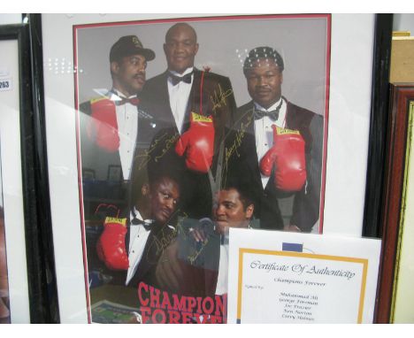 'Champions Forever' Boxing Print, featuring gold pen signatures of Muhammed Ali, George Foreman, Joe Frazier, Ken Norton, Lar