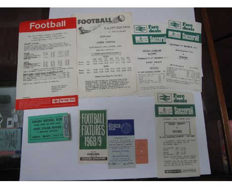 Chelsea 1973 - 1974 Season Ticket, (used) for West Stand Wings, East Stand F.A Cup Ticket, 1968 - 1969 Evening Standard fixtu