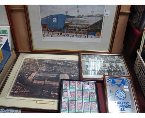 A Terry Gorman 'The Cup Tie' Coloured Print, signed, 25 x 39cm. four Sheffield Wednesday wall hangings. (5)