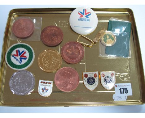 Edmonton 1978,  three Commonwealth Games Participation Medals, bronzed 43mm diameter, three enamelled lapel badges, tin examp