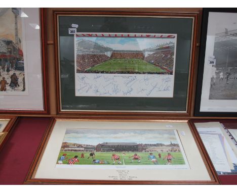 Terry Gorman, 'Beautiful Downtown Bramall Lane', coloured print, sixteen blue ink signatures including:- Whitehouse, Scott, T