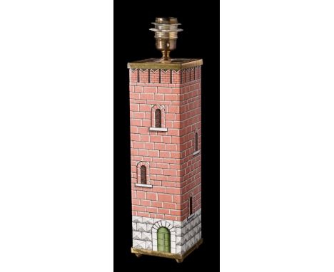 A Fornasetti Architettura metal table lamp: of square profile printed in the form of an Italian tower, 44cm high.