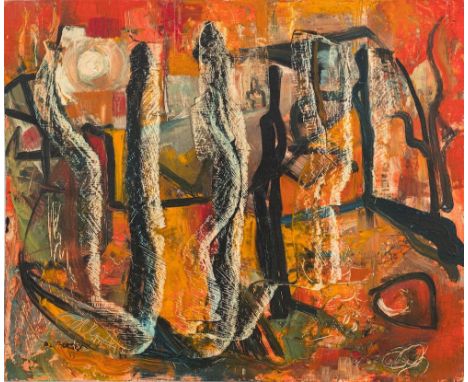 * Peter Thursby [1930-2011]-Standing figures, homage to Henry Moore,:-signed and dated '55 bottom left oil on board, 33 x 40c