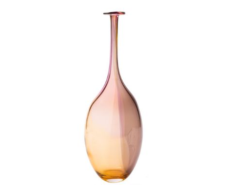 A Kosta Boda Fidji bottle vase: by Kjell Engman of slender elongated form in pale amber, pink and grey, diamond point etched 