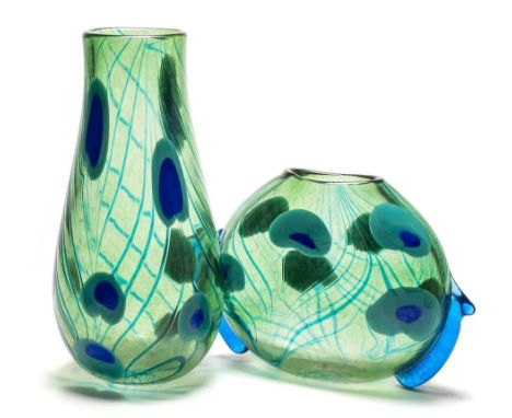 *Siddy Langley [b.1955] two 'Peacock' vases: the first of tapering cylindrical form, the latter of flattened form with applie