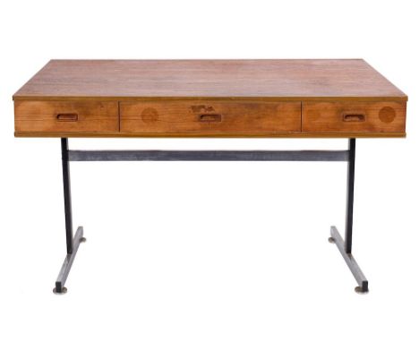 A mid 20th Century Scandinavian teak and chrome desk, circa 1960s:, the rectangular top  with three frieze drawers opposed by