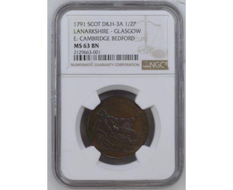 GREAT BRITAIN. LANARKSHIRE GLASGOW. George III, 1760-1820. Copper halfpenny, 1791. Soho Mint. City coat of arms consisting of