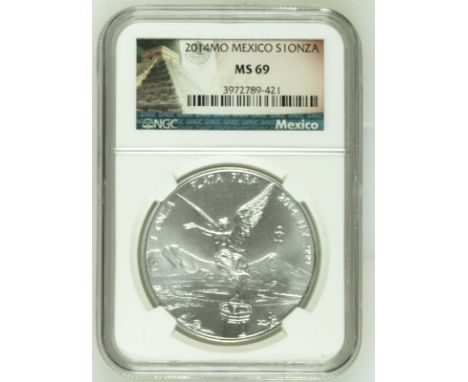 MEXICO. Silver 1 onza, 2014. Mexico City. National arms; ESTADOS UNIDOS MEXICANOS./Winged Victory on pillar with a laurel wre