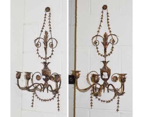A pair of reproduction Adams style reproduction wall sconces 76cm, together with a brass art Nouveau single light wall sconce