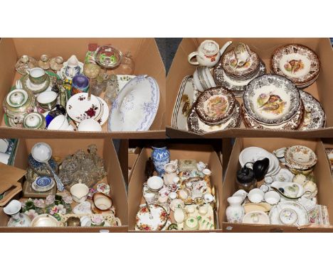 Fourteen boxes of various household ceramics including Palissy Game Series dinner wares, 1920's tea wares, Pilnkingtons tiles